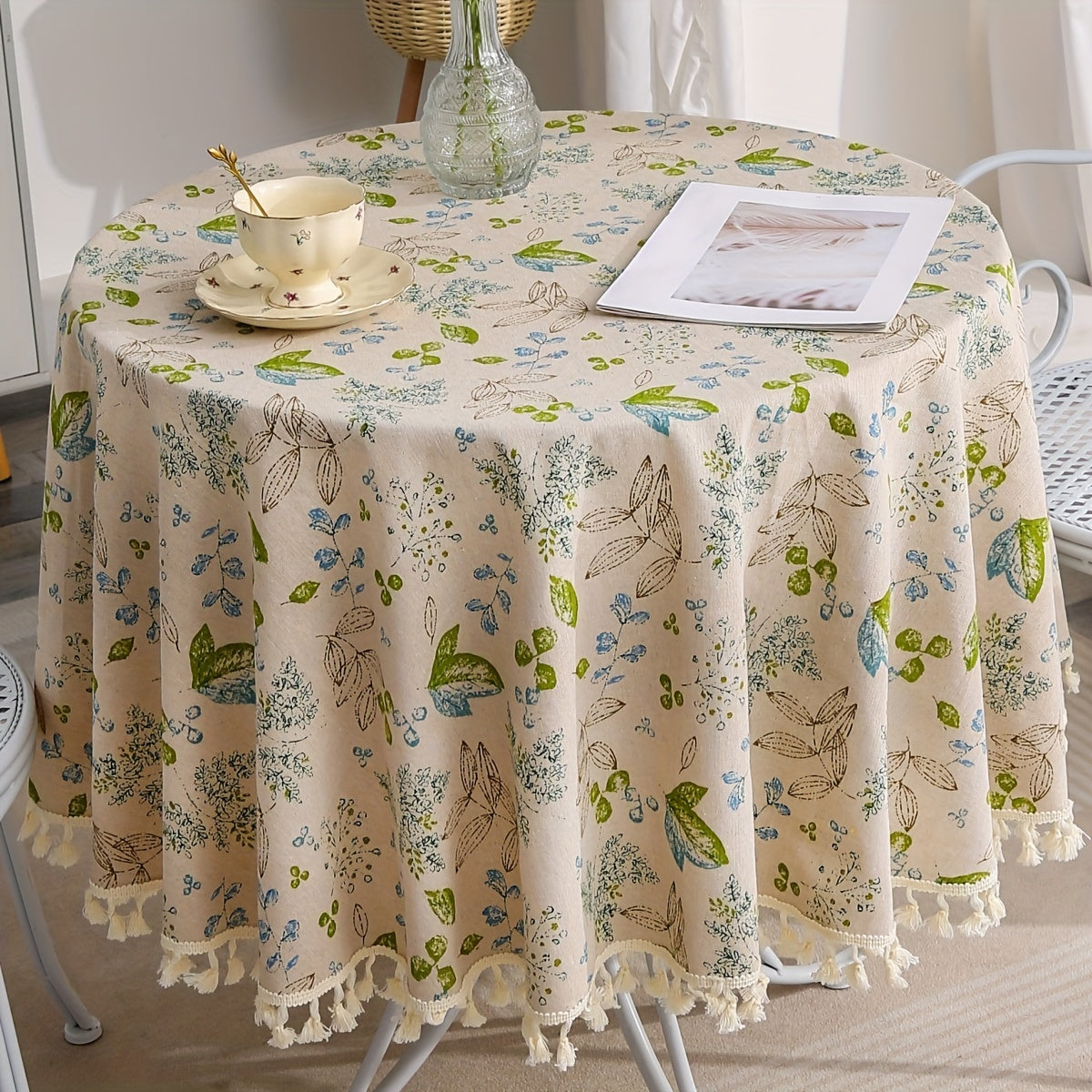 Floral Round Tablecloth Cotton Linen Table Cloth With Tassels