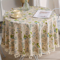 Floral Round Tablecloth Cotton Linen Table Cloth With Tassels