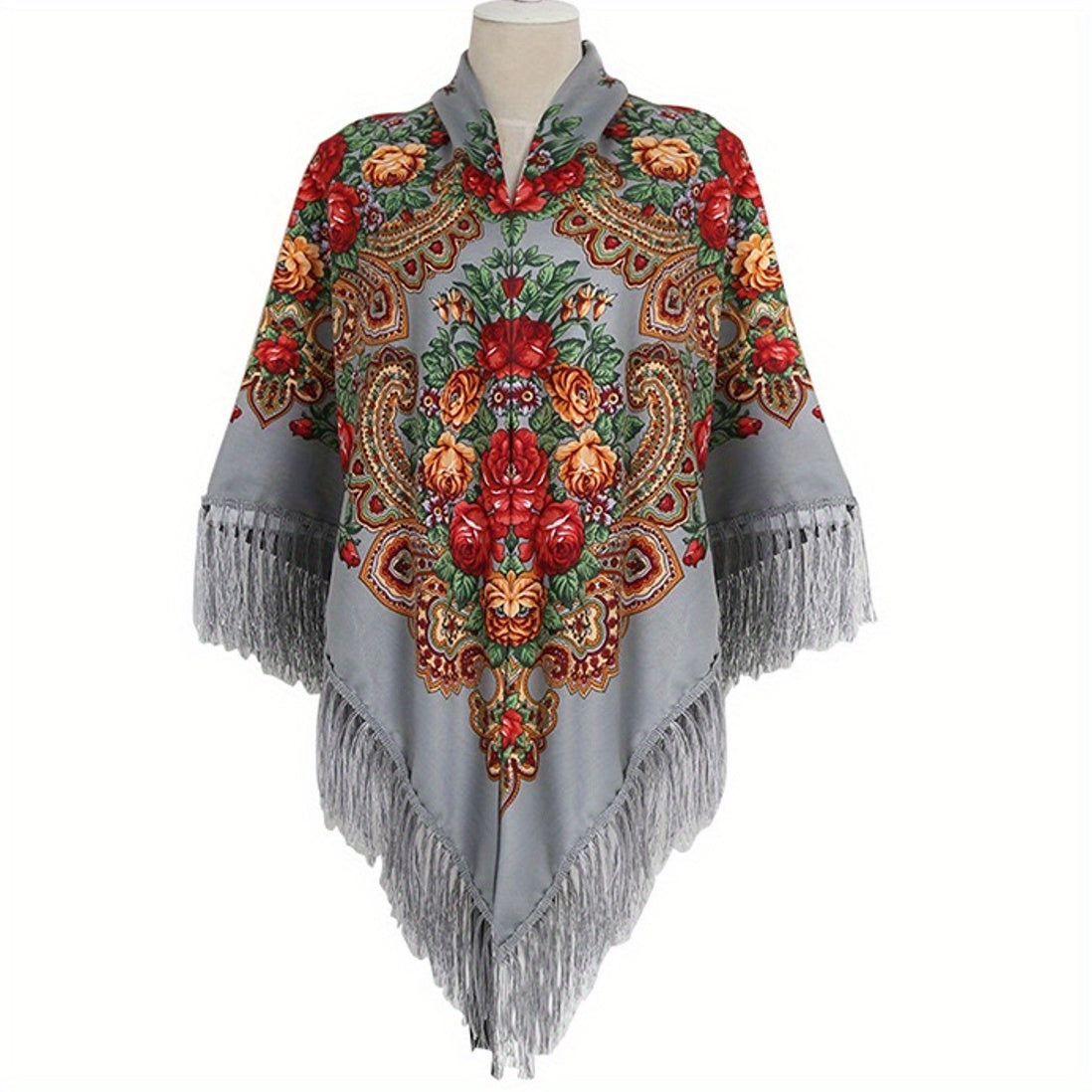 Boho Flower Print Tassel Shawl Cape Solid Cardigan Vintage Large Blanket Scarf
