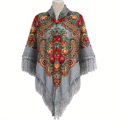 Boho Flower Print Tassel Shawl Cape Solid Cardigan Vintage Large Blanket Scarf