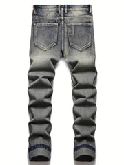Men Embroidered Ripped Slim Straight Jeans