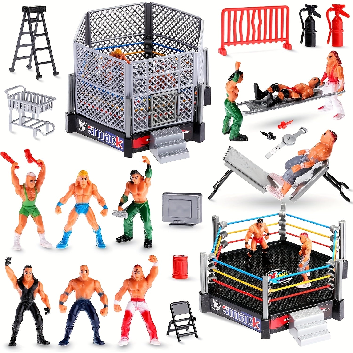 32pcs Mini Wrestling Action Figures Set with 12 Wrestlers & Accessories