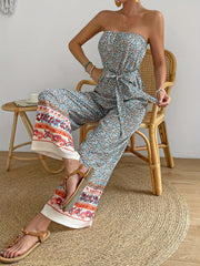 Boho Wide Leg Jumpsuit Sleeveless Tie Waist Tube Jumpsuit