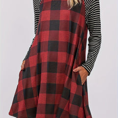Colorblock Gingham & Stripe Print Long Sleeve Dress