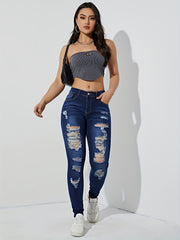 Ripped Skinny Jeans Slash Pockets Distressed High Rise Denim Pants