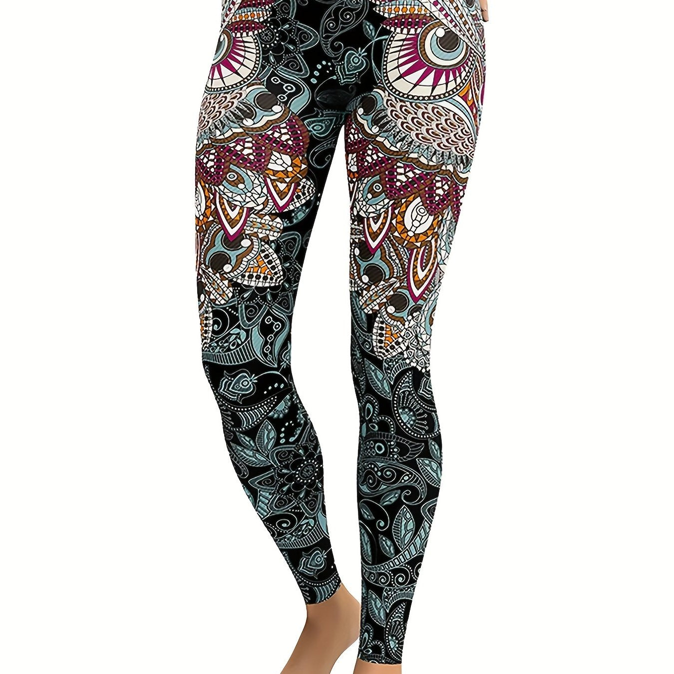 Women's Feather & Eye Print Yoga Leggings Mid Waist High Stretch Gym Pants