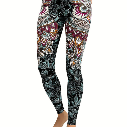 Women's Feather & Eye Print Yoga Leggings Mid Waist High Stretch Gym Pants
