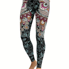 Women's Feather & Eye Print Yoga Leggings Mid Waist High Stretch Gym Pants
