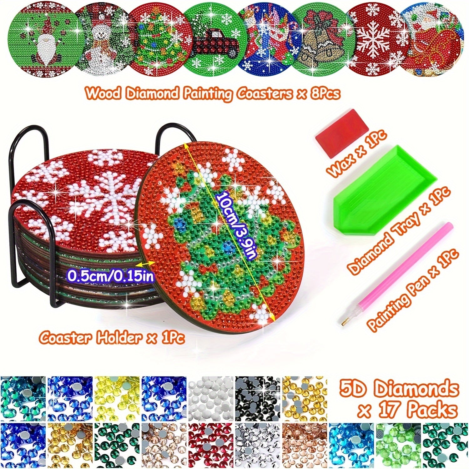 8pcs Diamond Art Set With Stand & Coaster for Christmas Decor