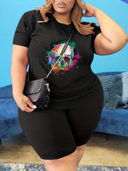 Skull Print Plus Size Top & Shorts Set