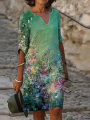 Floral Print Dress Casual V Neck Short Sleeve Dress Women's Clothing