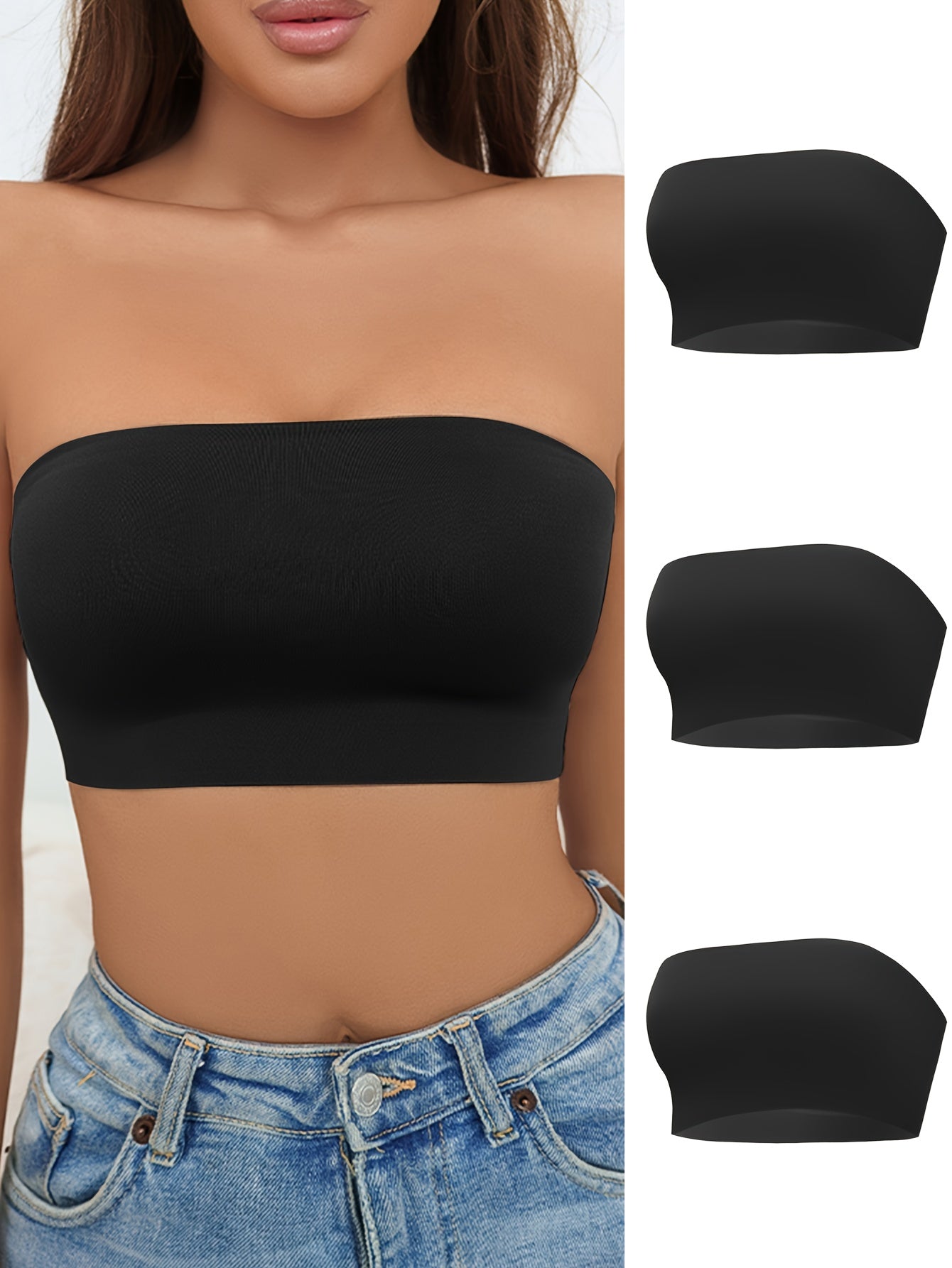 3pcs Seamless Strapless Bandeau Bras Soft Stretch Everyday Bra Women's Lingerie
