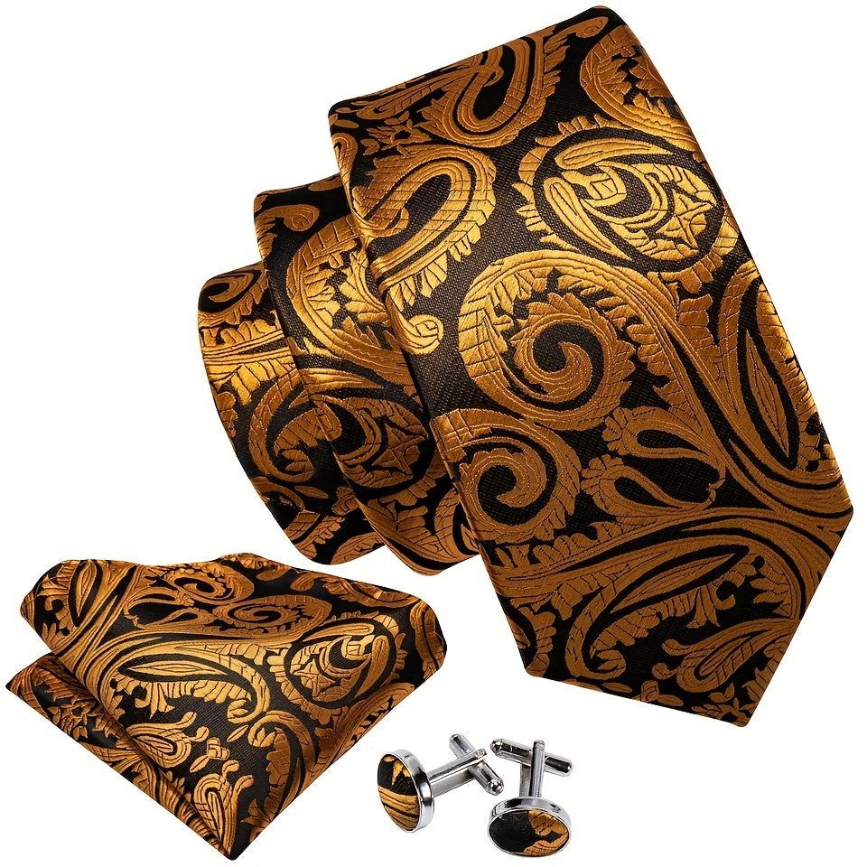 Black&Gold Silk Floral Paisley Necktie Set