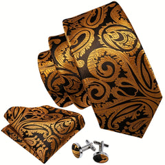 Black&Gold Silk Floral Paisley Necktie Set