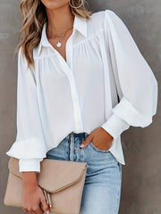 Solid Button Up Lantern Sleeve Blouse