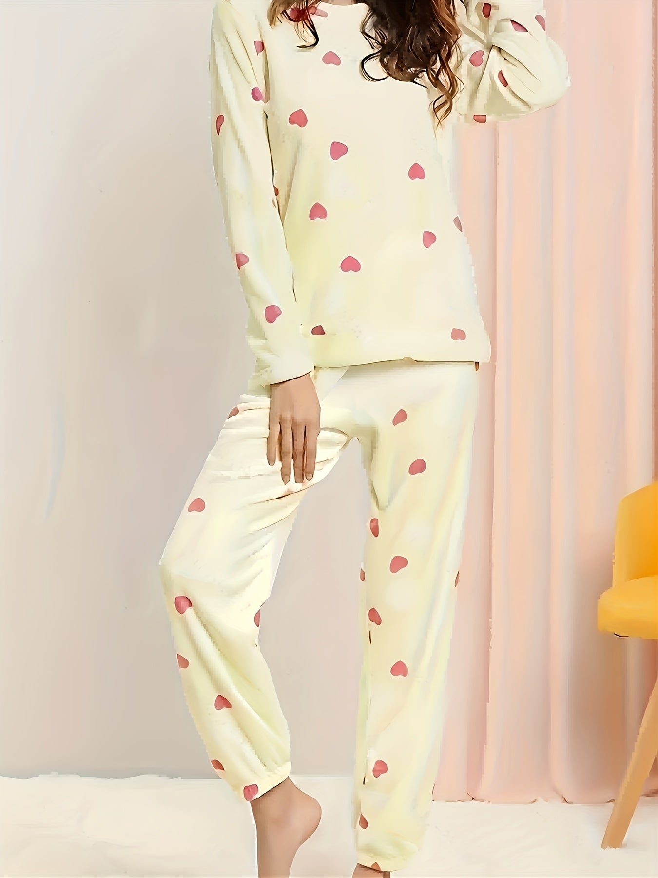Heart Print Pajama Set Long Sleeve Crew Neck Top & Elastic Waistband Pants