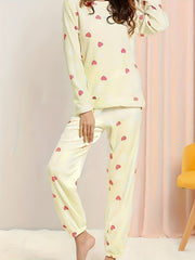 Heart Print Pajama Set Long Sleeve Crew Neck Top & Elastic Waistband Pants