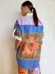 Retro Outfits Set Women's Plus Scarf Print Shirt & Pants Two Piece Set