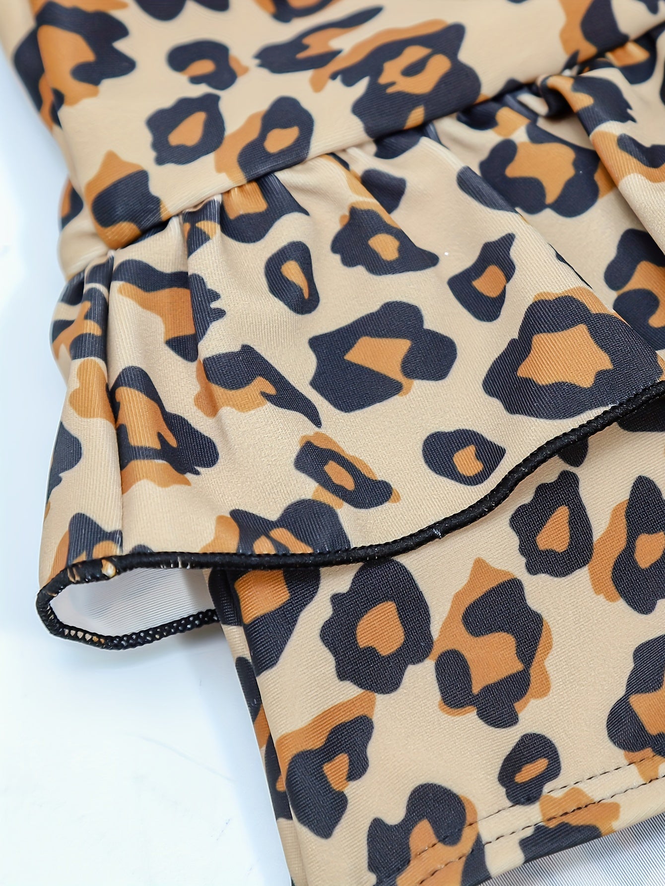 Leopard Print Flutter Trim Long Sleeve 1 piece Swimsuit Girls
