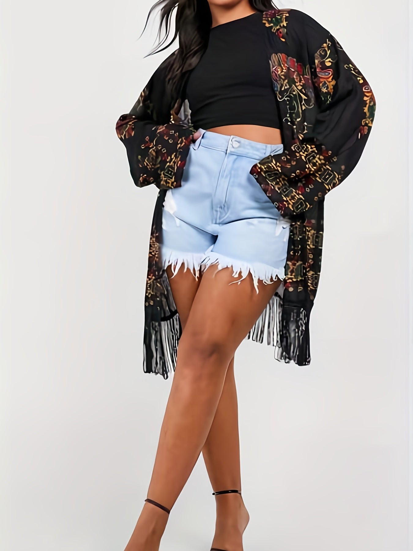 Boho Floral Print Fringe Trim Cardigan