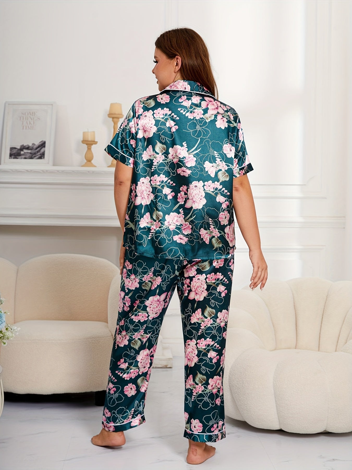 Floral Print Satin Pajamas Set Short Sleeve Shirt & Pants