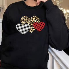 Women's Plus Size Leopard & Plaid Heart Print Long Sleeve Top