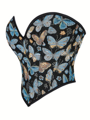 Butterfly Pattern Strapless Corset Tummy Control Lace Up Slimmer Body Shaper