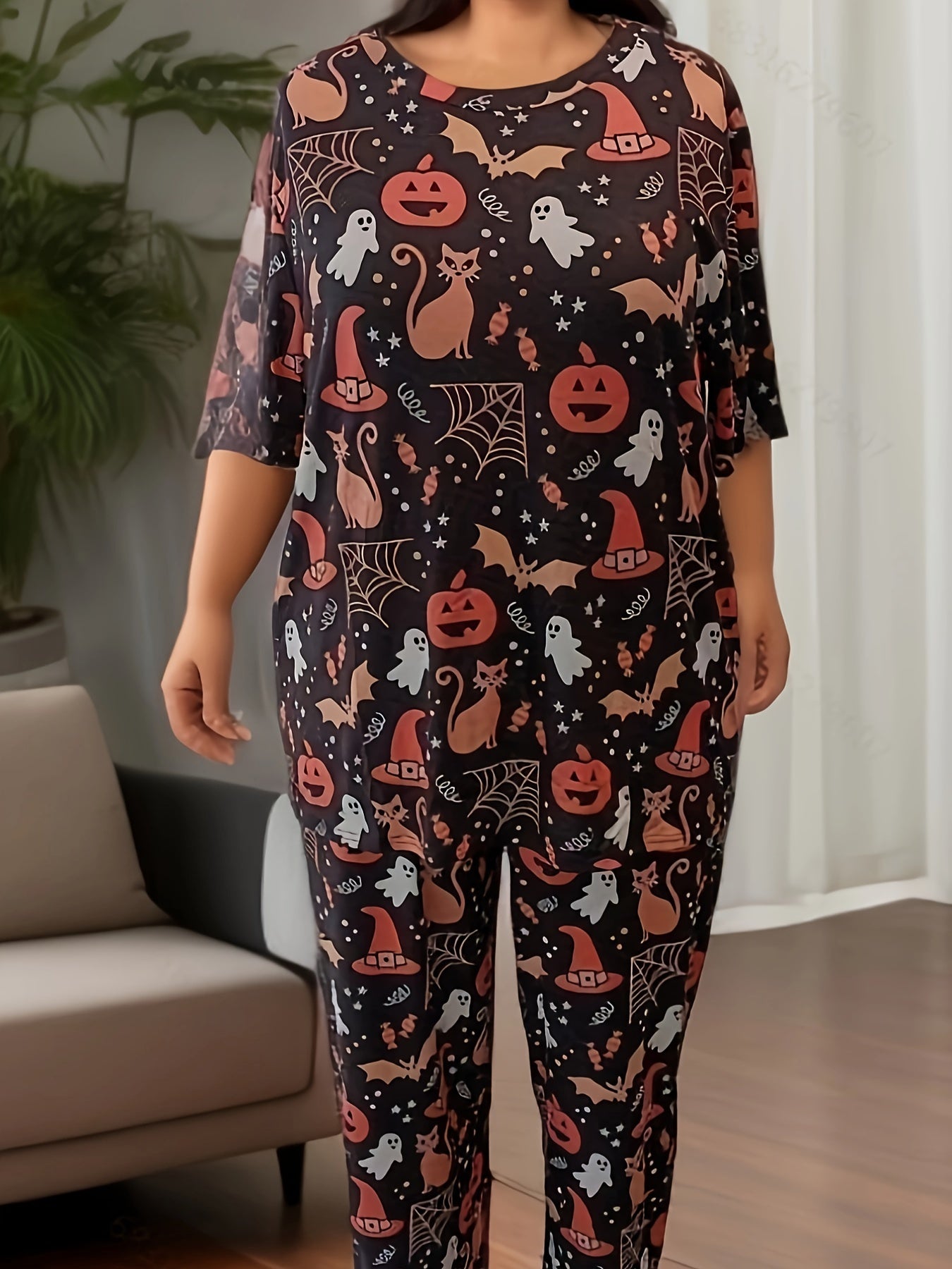 Halloween Loungewear Ghost & Pumpkin Print Tee & Pants Pajama Set