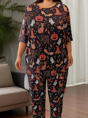 Halloween Loungewear Ghost & Pumpkin Print Tee & Pants Pajama Set