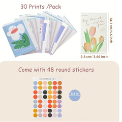 Floral Postcards Nordic Style Decorations - 48 Round Dot Stickers Included