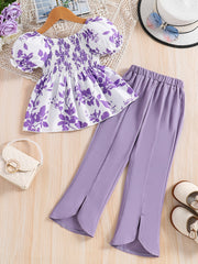 Girls Floral Print Shirred Shirt & Flared Pants Set