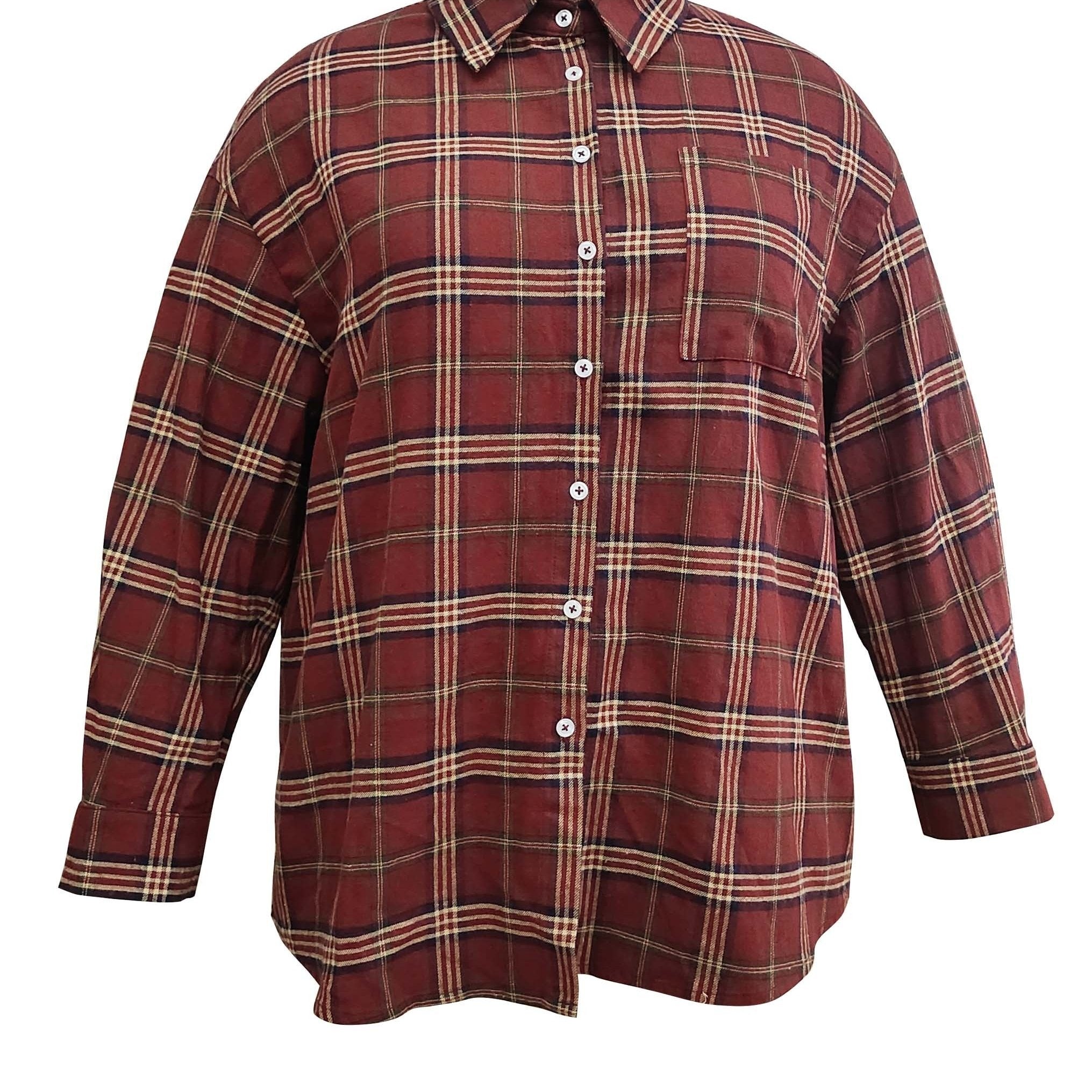 Plaid Print Long Sleeve Button Up Tunic Shirt Top