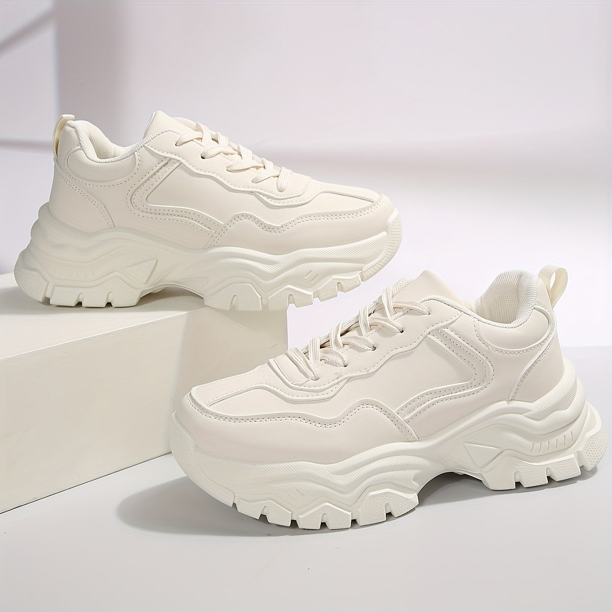 Women's Platform Sneakers Faux Leather Lace Up Trainer Lightweight Shoes