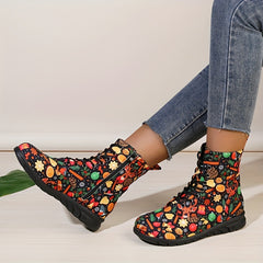 Christmas Print Lace Up Flat Winter Boots