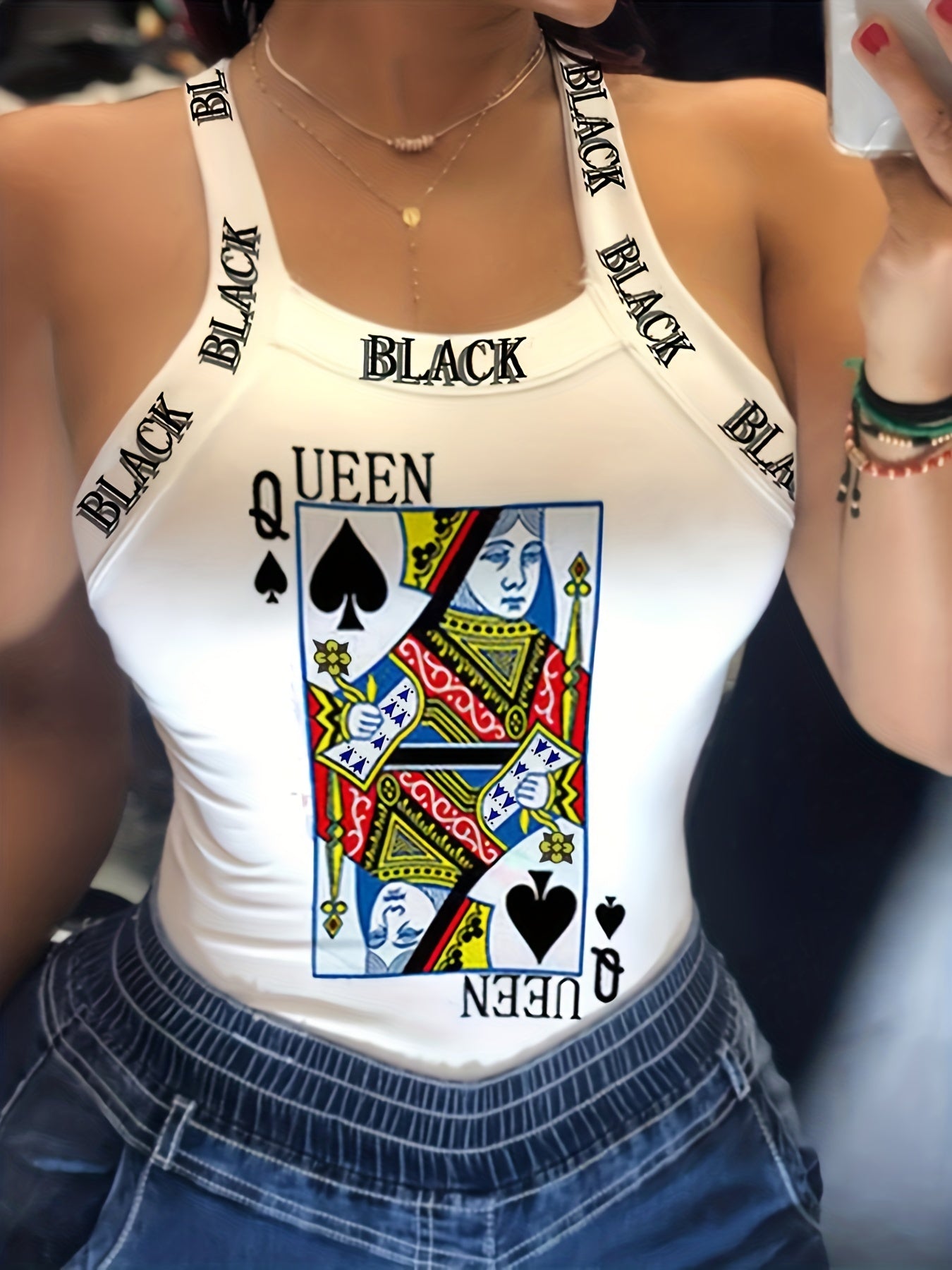 Poker Queen Print Slim Cami Top for Women