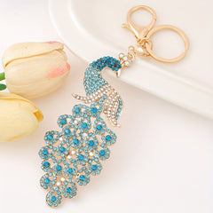 Metal Inlaid Diamond Peacock Keychain Car Pendant Gift