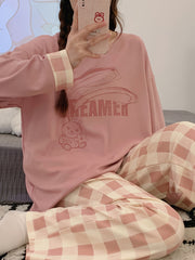 Bunny Print Pajama Set Long Sleeve Top & Plaid Pants Women's Sleepwear
