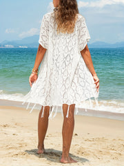 Solid Crochet Coverup Kimono Tassel Short Sleeve Summer Beach Wear