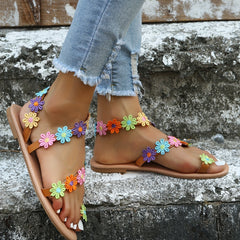 Women's Colorful Flower Flat Sandals Tribal Style Toe Loop Slip On Shoes