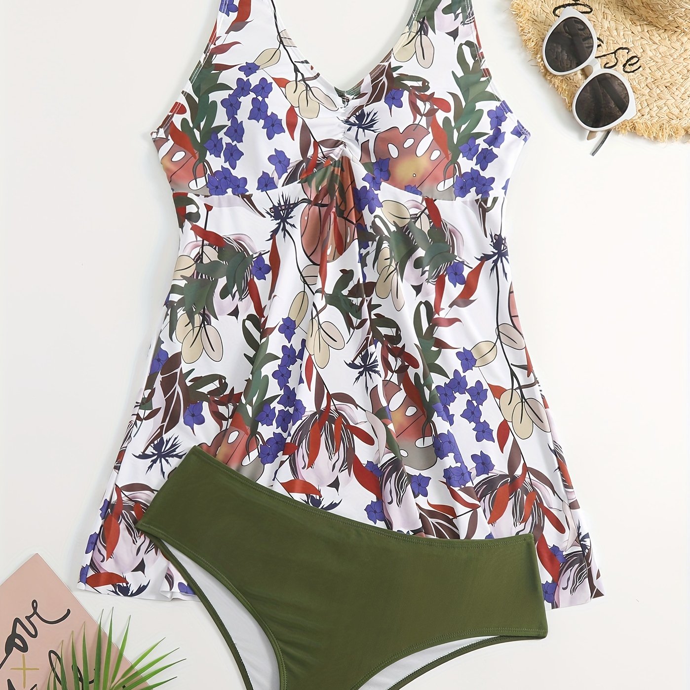 Floral Print High Stretch Boho 2 Pieces Bikini Set Women's Plus Swimsuit Set