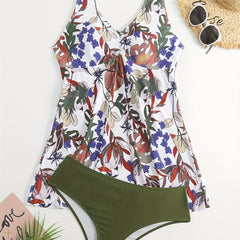 Floral Print High Stretch Boho 2 Pieces Bikini Set Women's Plus Swimsuit Set