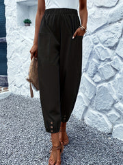 Button Decor Patched Pockets Pants Casual Loose Elastic Waist Comfy Solid Pants