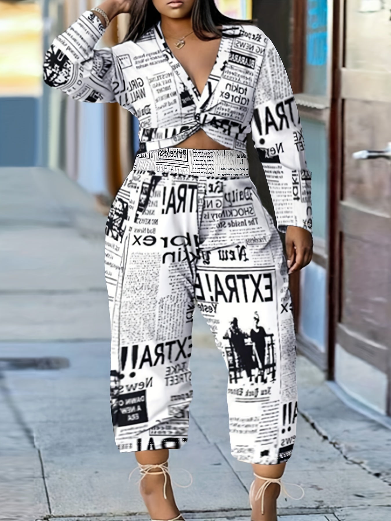 Newspaper Print Twist Front Top & Pants Set