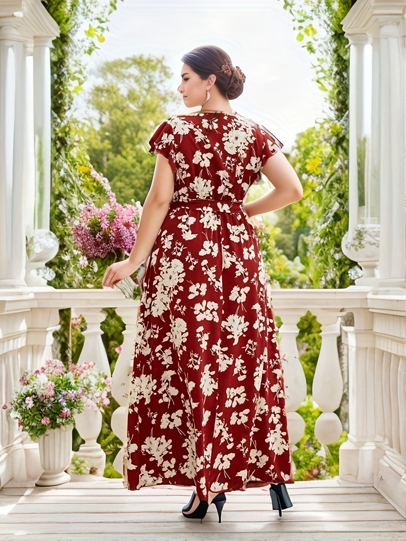 Boho Dress Women's Plus Floral Print Cap Sleeve Maxi Dress