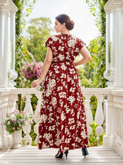 Boho Dress Women's Plus Floral Print Cap Sleeve Maxi Dress