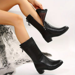 Women's Plush Lined Mid Calf Boots Chunky Heel Side Zipper Round Toe