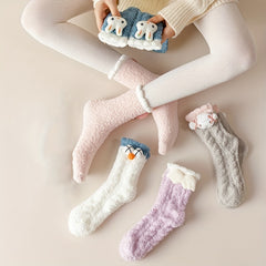 5 Pairs Plush Floor Socks Comfy Warm Cartoon Women's Stockings