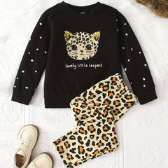 Leopard Pattern Pajamas 2pcs Set Long Sleeve Top & Pants Girl's Loungewear