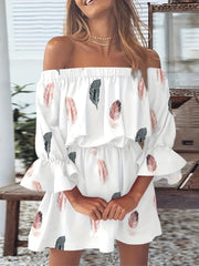 Feather Print Off Shoulder Bubble Sleeve Plus Size Dress