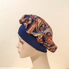Paisley Print Satin Bonnet Navy Elastic Hair Bonnet Women Shower Cap